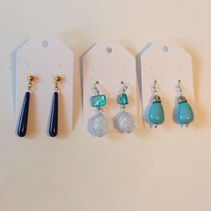 Three Pairs Blue Dangle Earrings